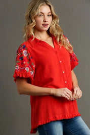 Umgee Full Size Linen Shirt with Embroidered Sleeves Plus Size Shirts