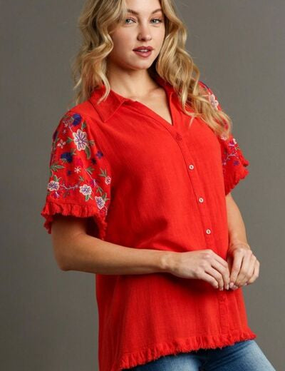 Umgee Full Size Linen Shirt with Embroidered Sleeves Plus Size Shirts