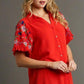 Umgee Full Size Linen Shirt with Embroidered Sleeves Plus Size Shirts