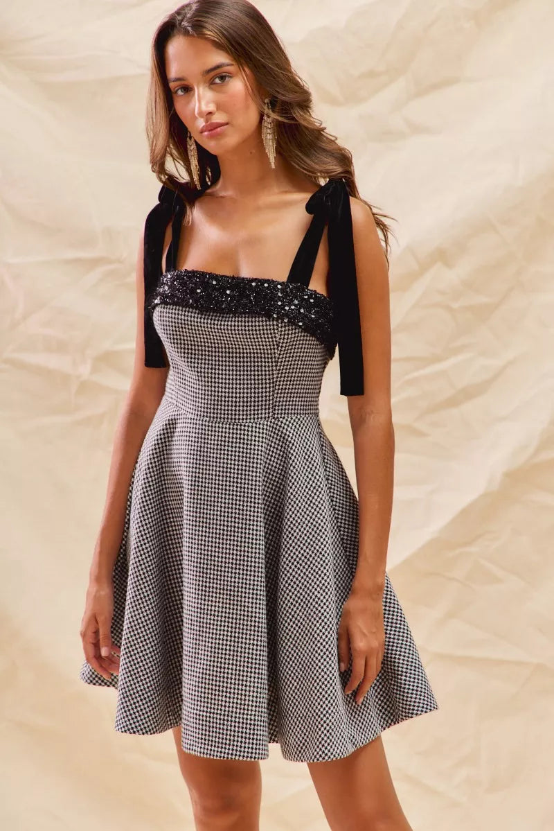 SO ME Houndstooth Fit Flare Mini Dress with Shoulder Tie | Mini Dresses Daverri Fashions