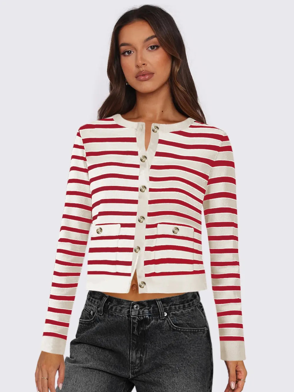 Deep Red Striped Round Neck Button Up Long Sleeve Cardigan | Cardigans Daverri Fashions