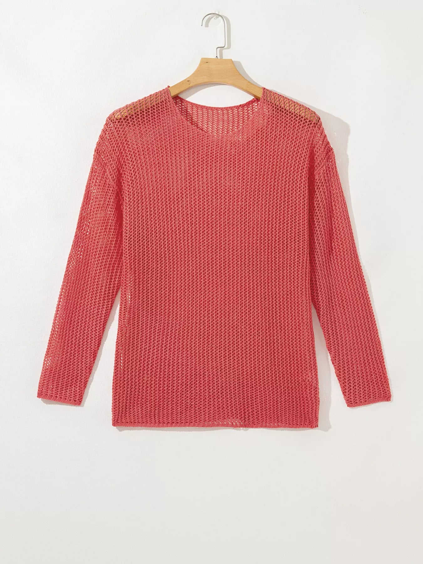 Coral crochet hollow out long sleeve knit top sweater
