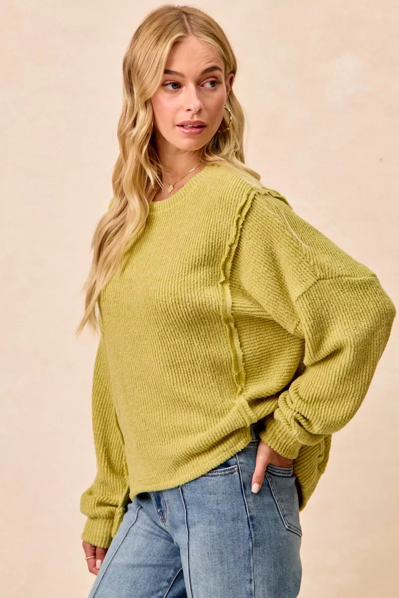 Cozy olive green BiBi boucle rib knit sweater with oversized sleeves