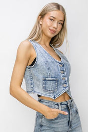 RISEN Button Down Crop Denim Vest