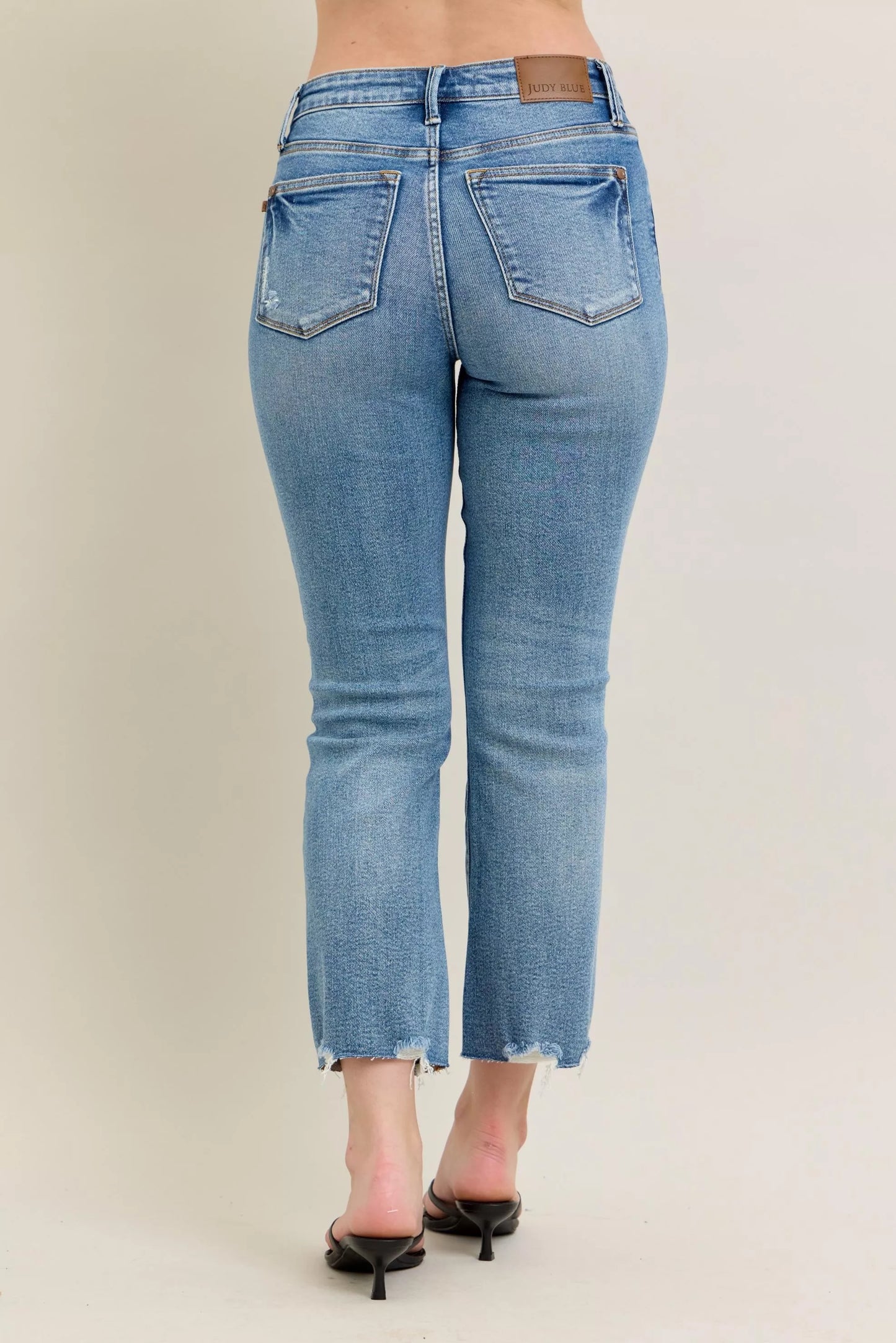 Judy Blue Mr Vintage Wash Destroy Hem Kick Flare Jeans with light-wash straight-leg cut and frayed hem