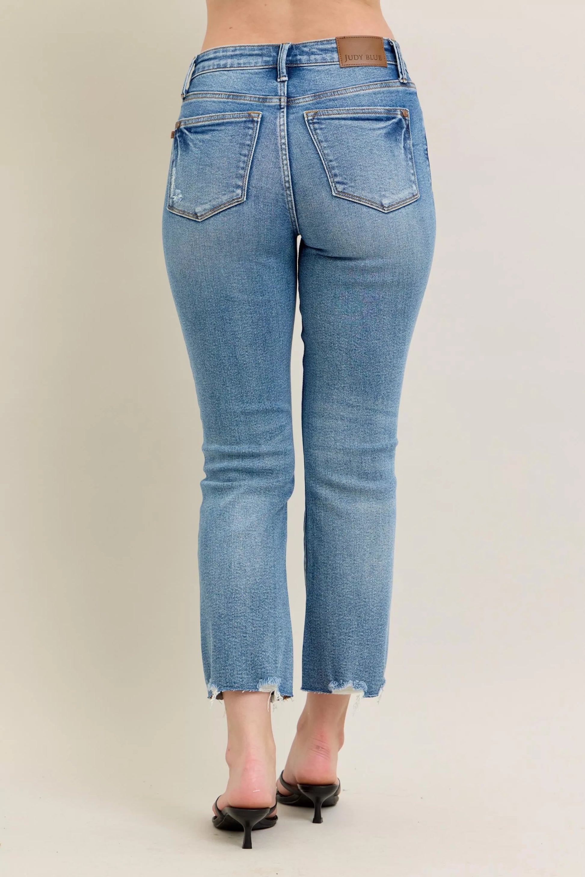 Judy Blue Mr Vintage Wash Destroy Hem Kick Flare Jeans with light-wash straight-leg cut and frayed hem