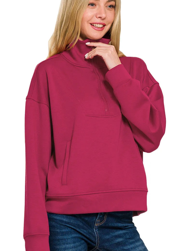 Zenana Scuba Half Zip Sweatshirt with Pockets | Sweatshirts Daverri Fashions