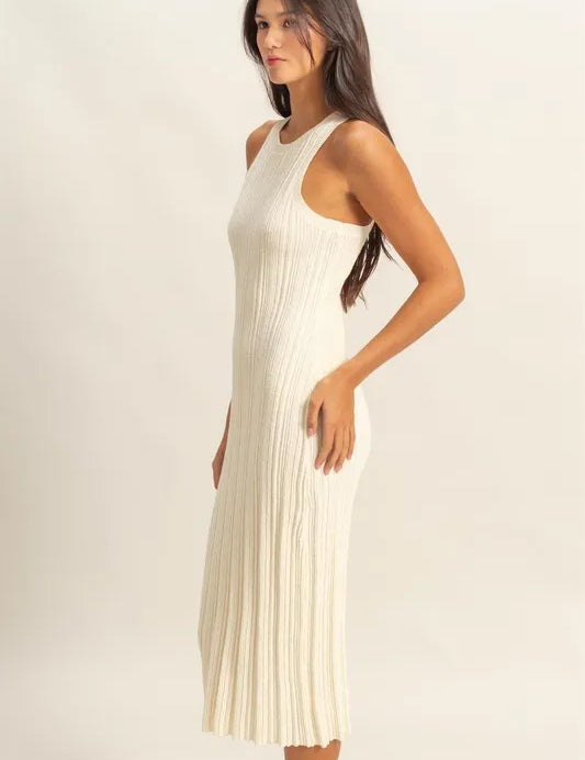 HYFVE White Round Neck Bodycon Ribbed Knit Dress | Midi Dresses Daverri Fashions