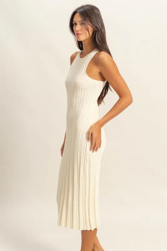 HYFVE White Round Neck Bodycon Ribbed Knit Dress Midi Dresses