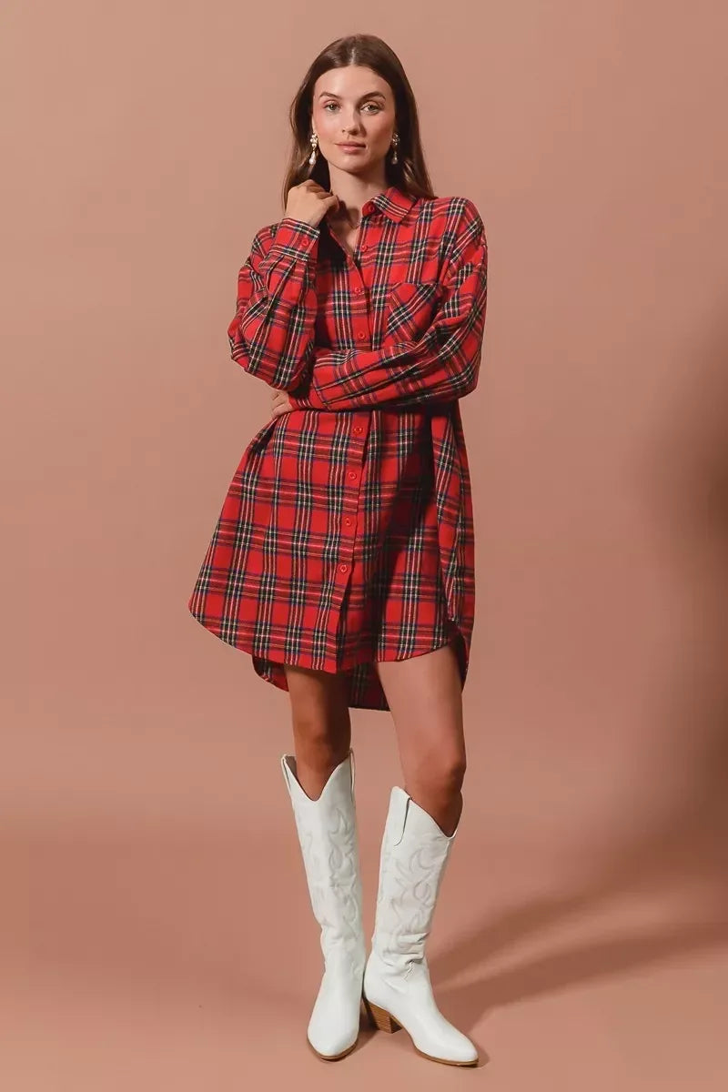 SO ME Christmas Checker Plaid Button Up Shirt Dress - DAVERRI FASHIONS