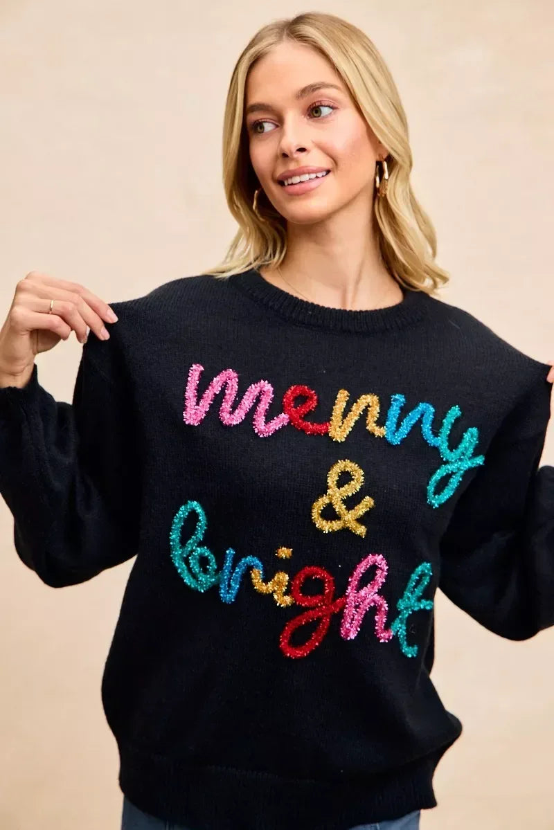 BiBi Tinsel Lettering Christmas Sweater - DAVERRI FASHIONS