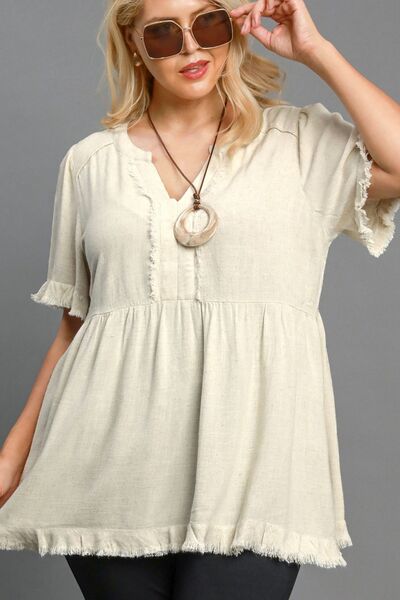 Umgee Full Size Raw Hem Notched Babydoll Linen Blouse Plus Size