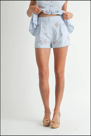 MABLE Stripe Embroidered Peplum Cami and Shorts Set | Outfit Sets Daverri Fashions