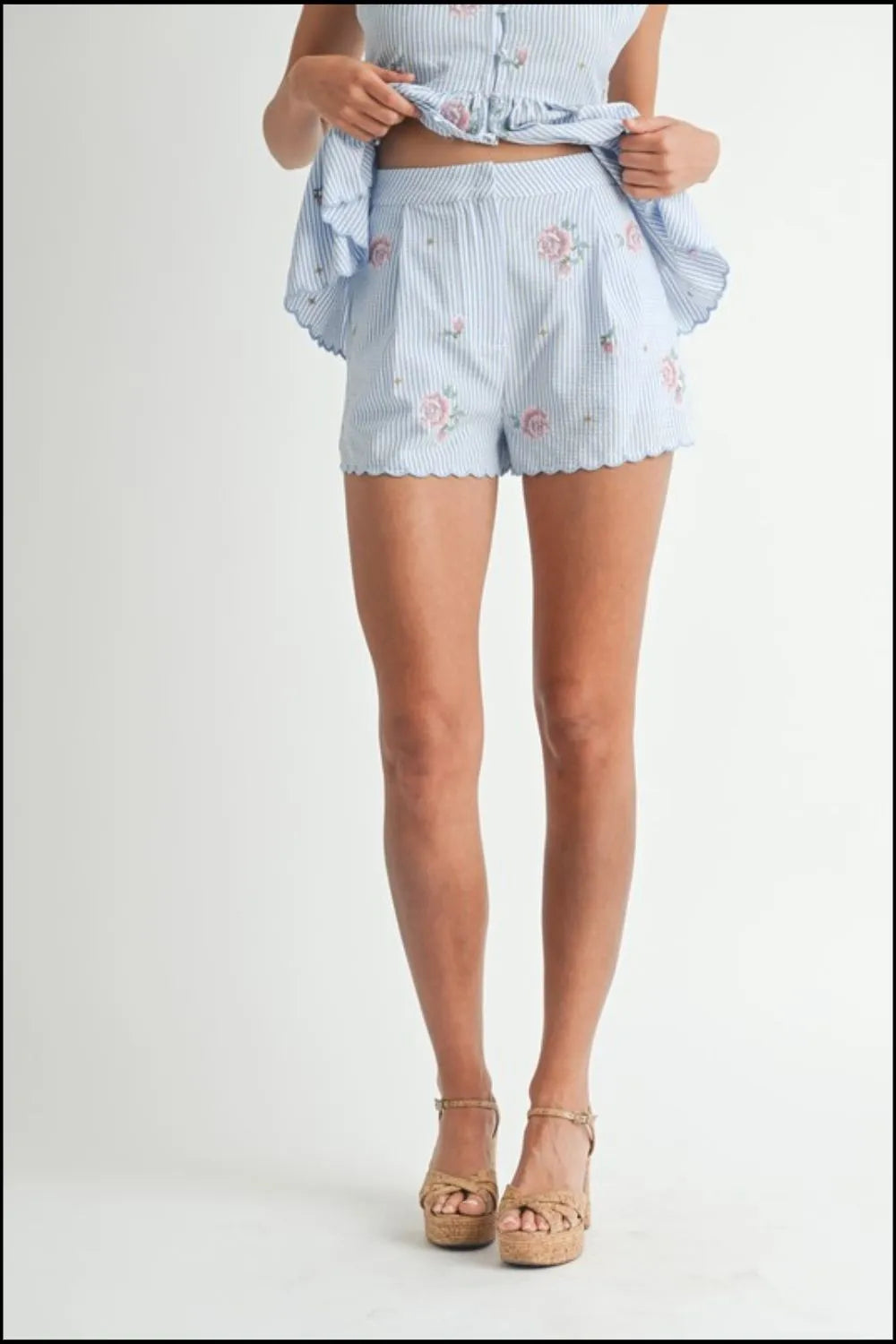 MABLE Stripe Embroidered Peplum Cami and Shorts Set Shorts Sets