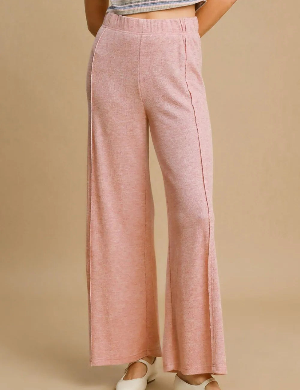 Dusty Pink Umgee Elastic Waist Wide Leg Knit Pants | Daverri Fashions