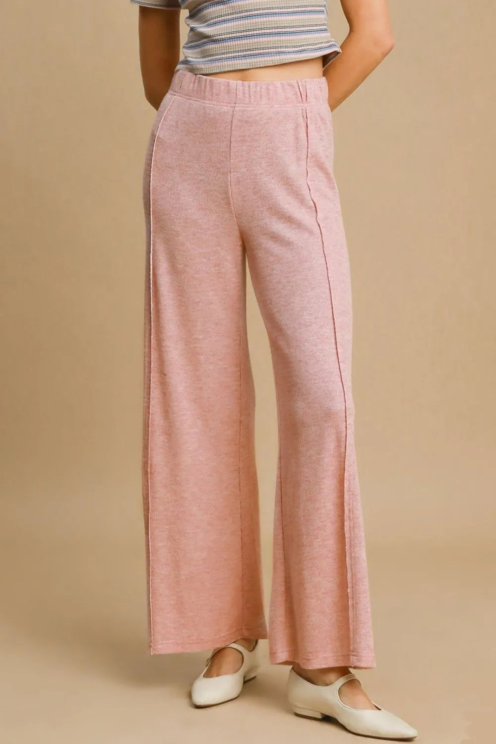 Umgee Elastic Waist Wide Leg Knit Pants Dusty Pink