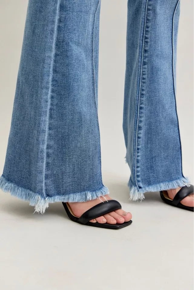 Judy Blue High Waist Flare Fray Hem Jeans with Front Pintuck Detail | Daverri Fashions