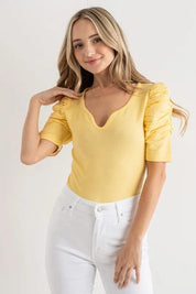 Pale Yellow And The Why Shirring Puff Sleeve Bodysuit | Bodysuits Daverri Fashions
