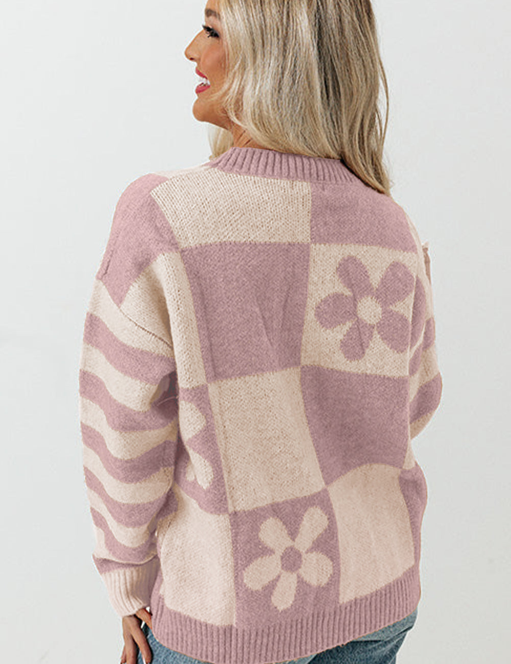 Checkered Floral Print Striped Sleeve Sweater | Sweaters Daverri Fashions
