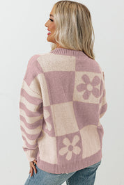 Checkered Floral Print Striped Sleeve Sweater | Sweaters Daverri Fashions