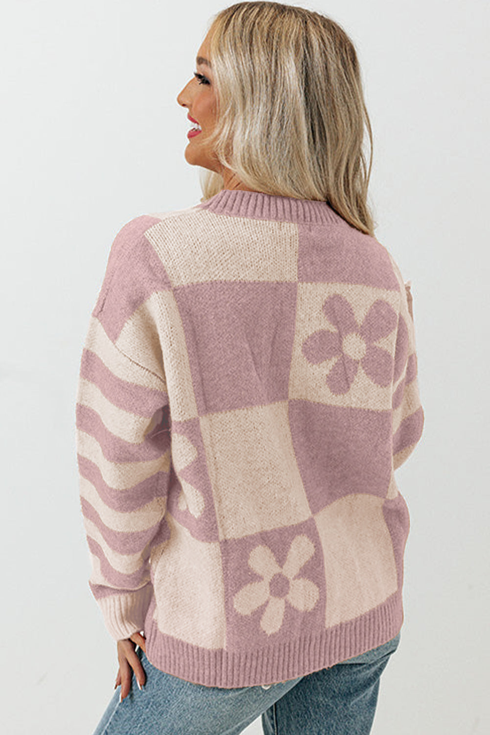 Checkered Floral Print Striped Sleeve Sweater | Sweaters Daverri Fashions