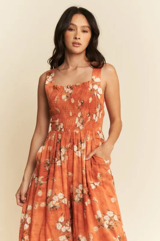 Davi & Dani Floral Ruffle Square Neck Smocking Bodice Jumpsuit Jumpsuits