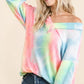 BiBi Tie Dye French Terry V-Neck Top with Puff Sleeves Tops