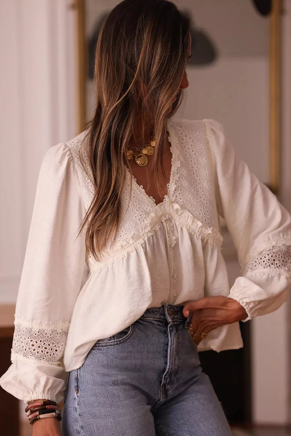 Delicate off-white Lace Trim V-Neck Blouse with intricate lace detailing