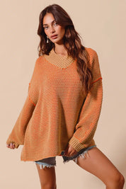 SO ME Oversized Two Tone Textured V Neck Sweater | Sweaters Daverri Fashions