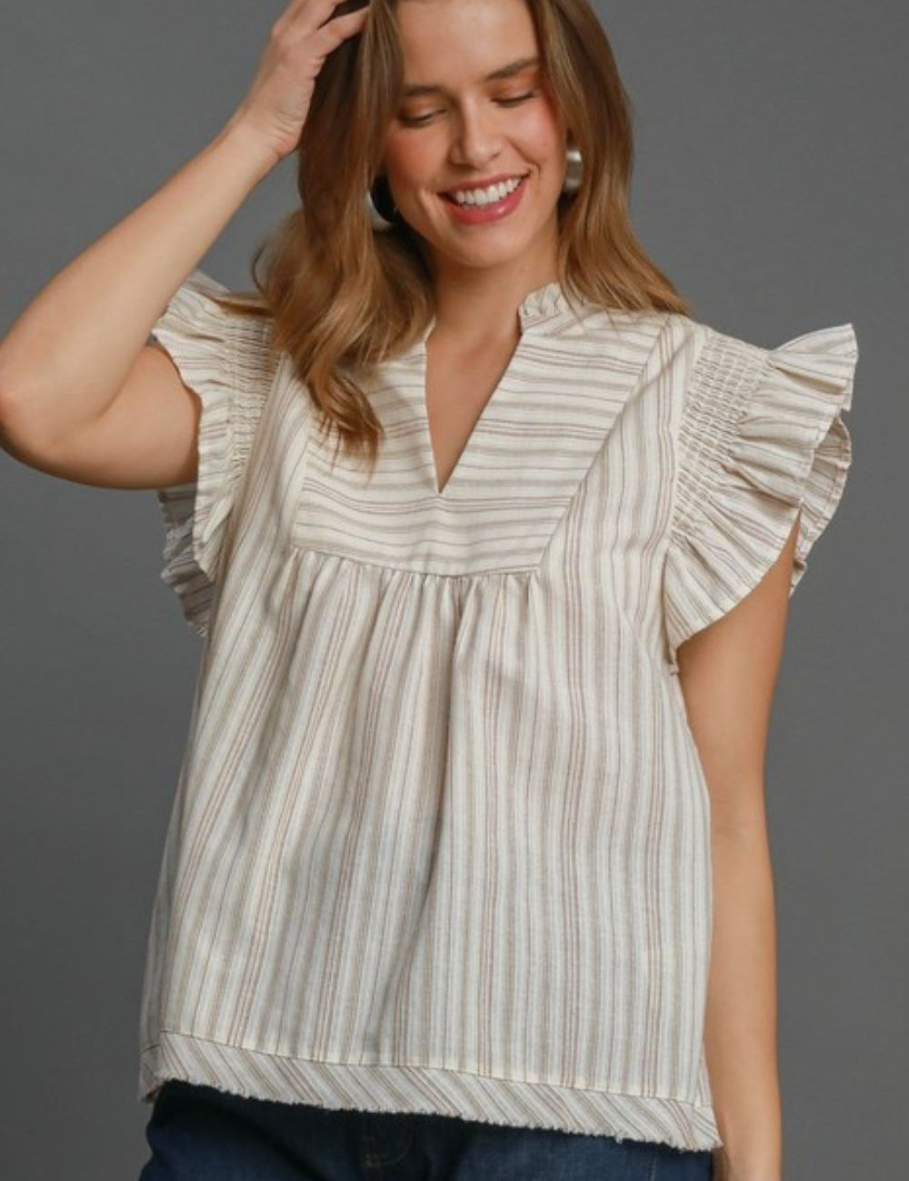 Umgee Full Size Striped Babydoll Top Plus Size Dust Storm