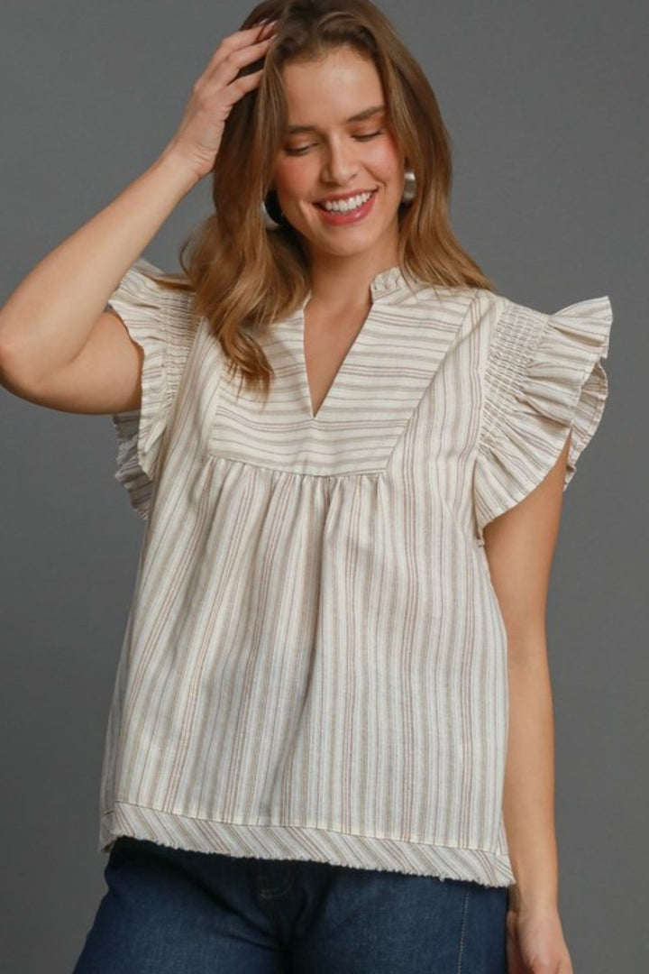 Umgee Full Size Striped Babydoll Top Plus Size Dust Storm