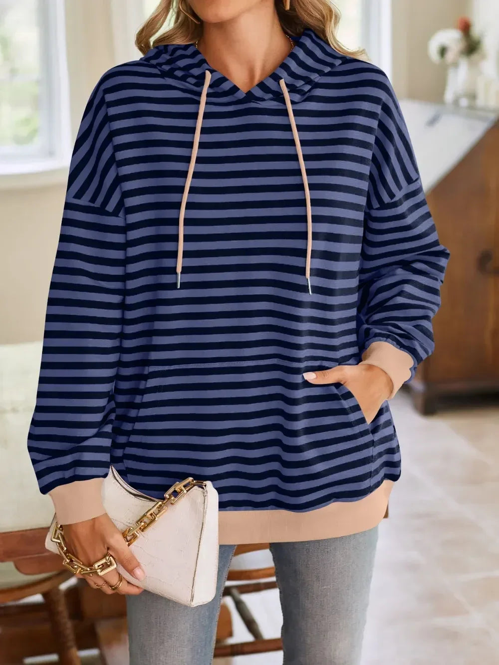 Lovelet Drawstring Striped Long Sleeve Hoodie - DAVERRI FASHIONS