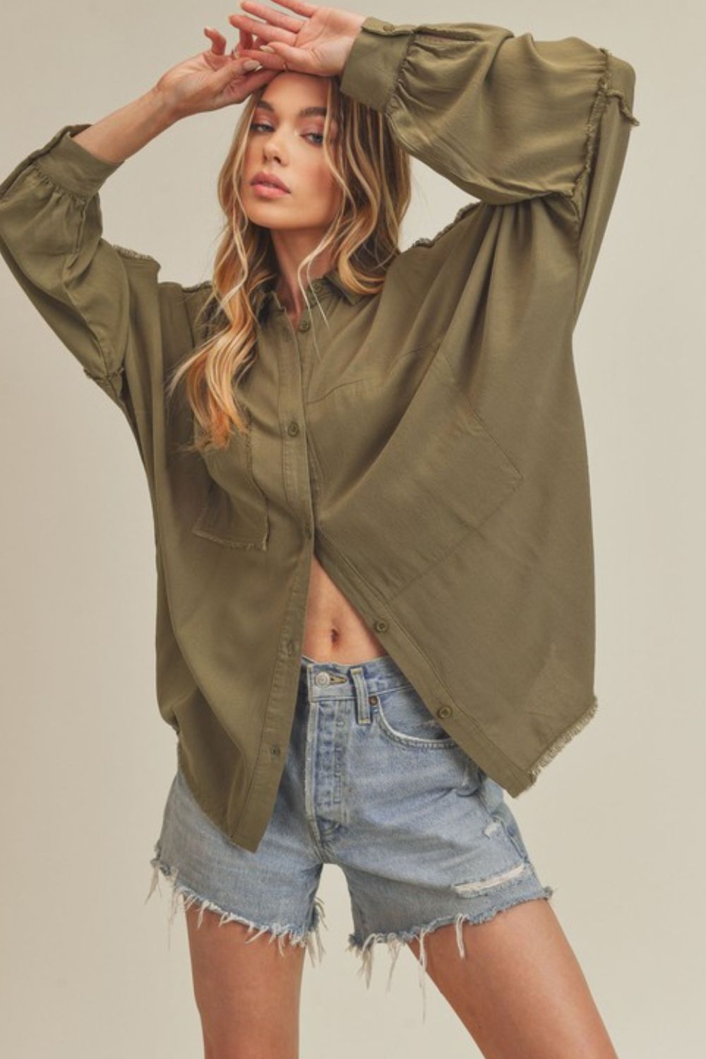 Aemi + Co Raw Edge Exposed Seam Collared Neck Long Sleeve Shirt Olive