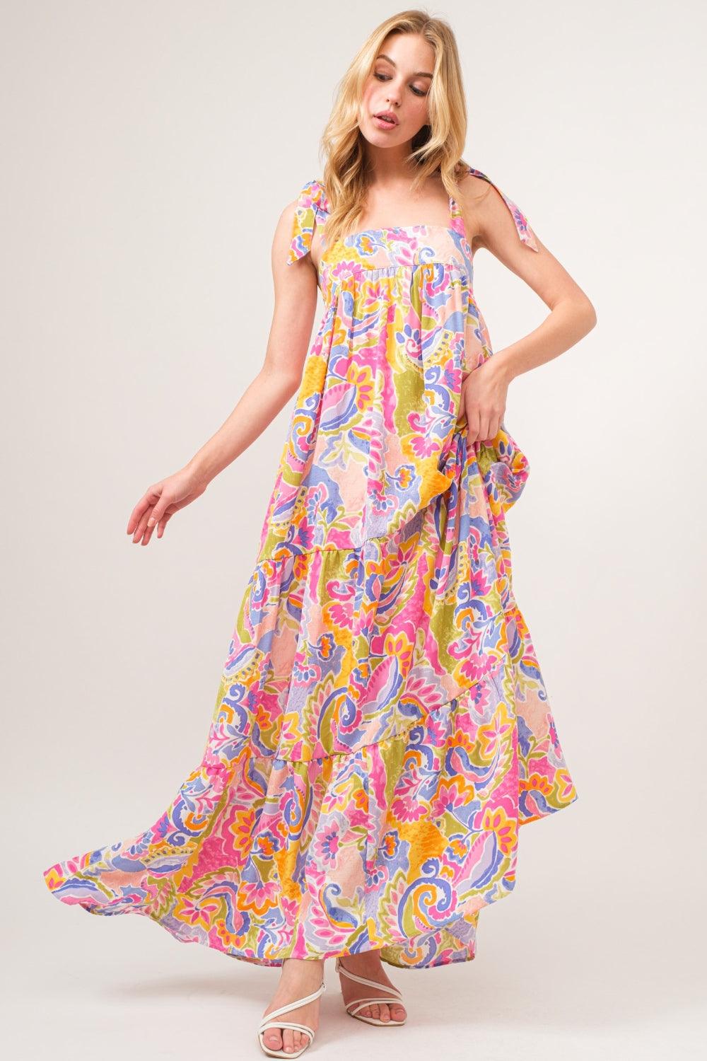 And The Why Full Size Printed Tie Shoulder Tiered Maxi Dress | Daverri Fashions