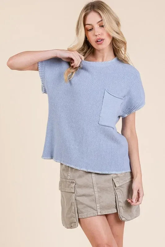 Lime 'N' Chili Solid Cap Sleeve Stitch Edge Knit Sweater - DAVERRI FASHIONS