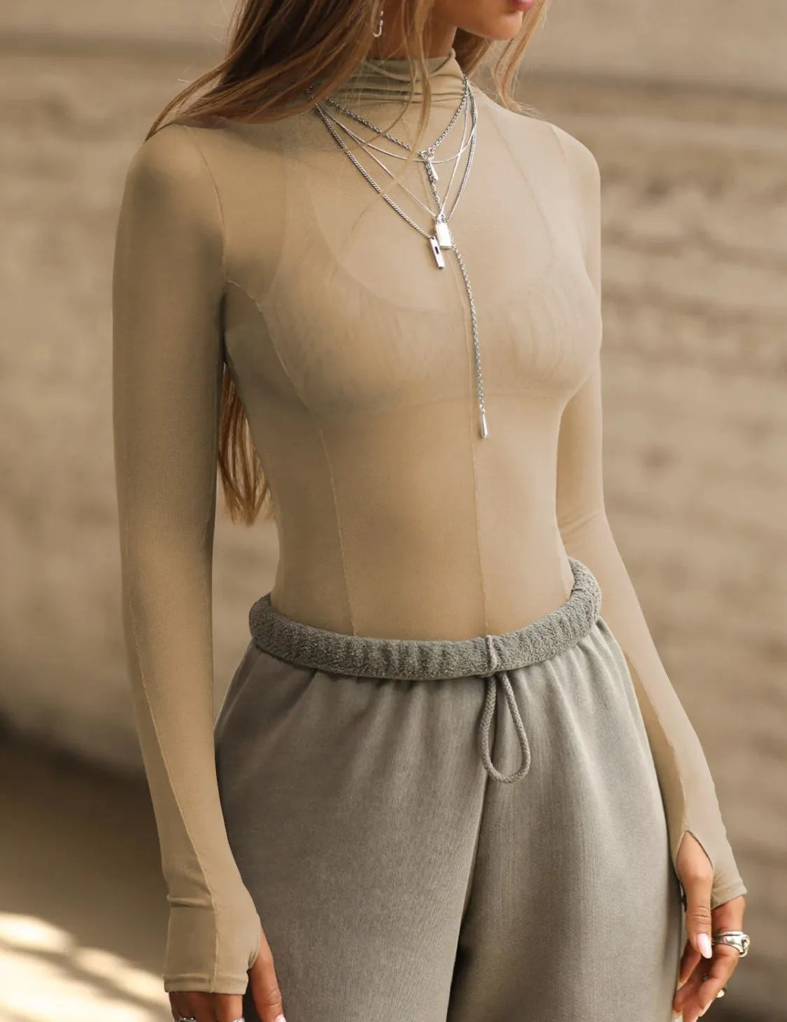 Tan Mock Neck Long Sleeve Sheer Top | Tops Daverri Fashions