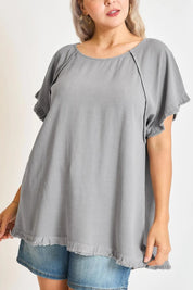 Umgee Full Size Seam Detail Linen Ruffle Fringe Edge Top Plus Size | Daverri Fashions