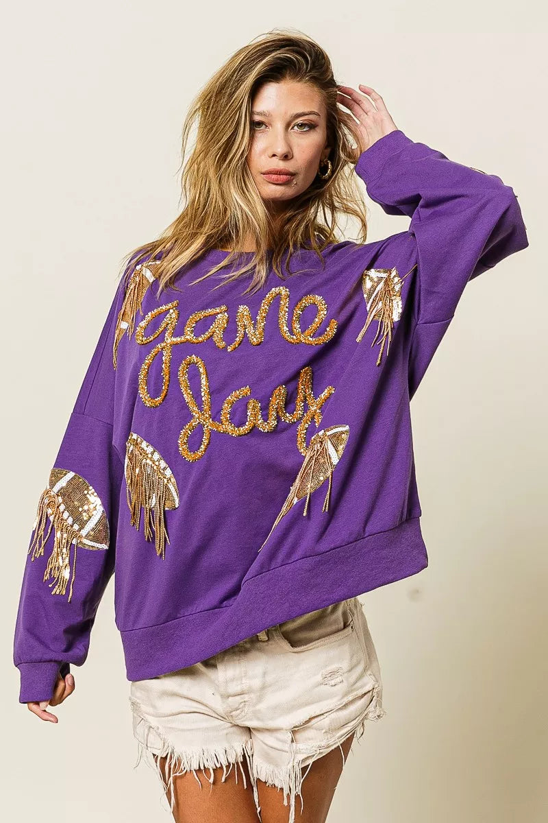BiBi Sequin Football Patches Game Day Sweatshirt | Sweatshirts Daverri Fashions