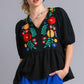 Umgee Full Size Cotton Gauze Floral Embroidery Babydoll Blouse Plus Size Black S Blouses