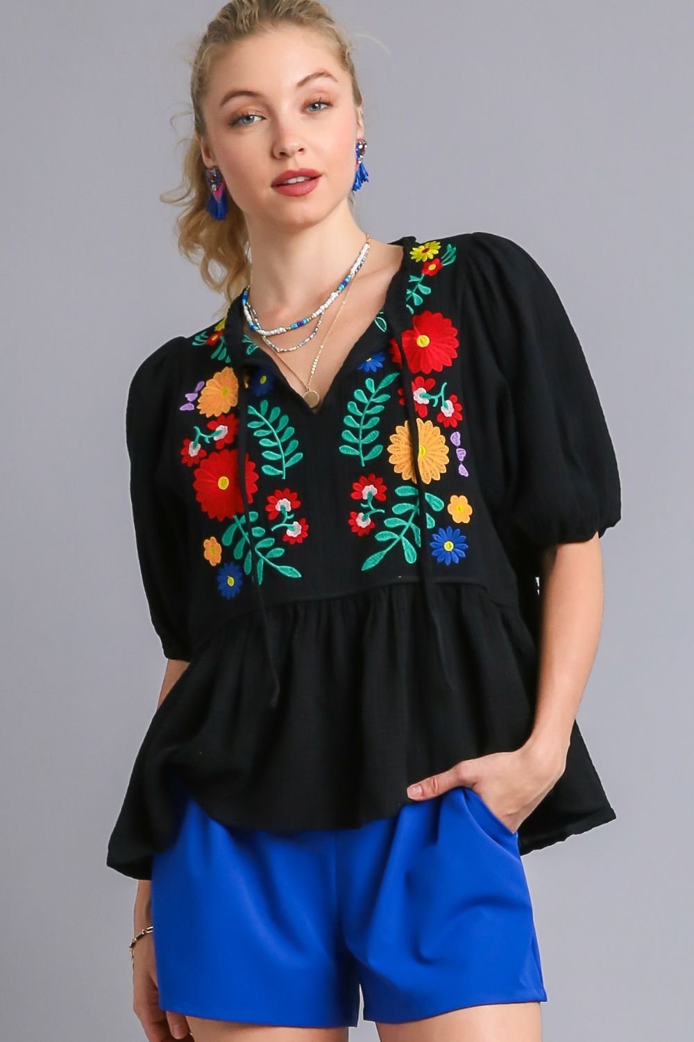 Umgee Full Size Cotton Gauze Floral Embroidery Babydoll Blouse Plus Size Black Blouses