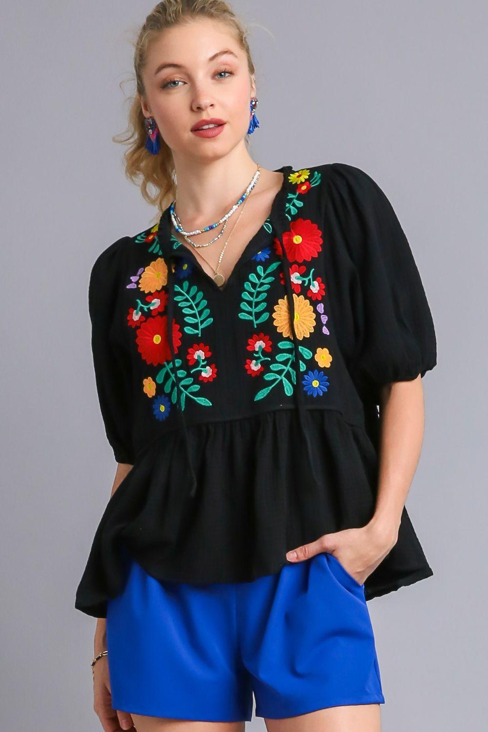 Umgee Full Size Cotton Gauze Floral Embroidery Babydoll Blouse Plus Size Black S Blouses