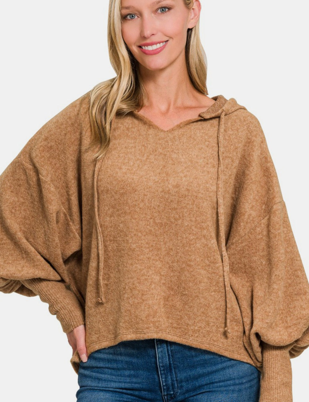 Brushed Hacci Drop Shoulder Cropped Hoodie Deep Camel L XL Tops