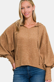 Brushed Hacci Drop Shoulder Cropped Hoodie Deep Camel L XL Tops