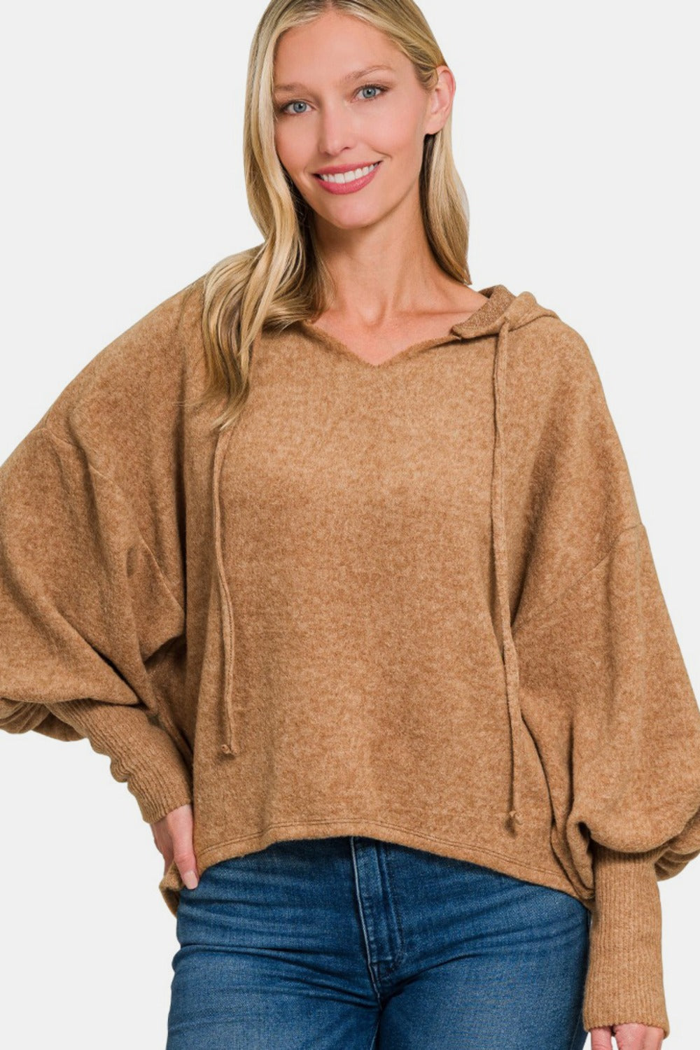 Brushed Hacci Drop Shoulder Cropped Hoodie Deep Camel Tops