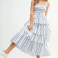 MABLE Pin Stripe Smocked Bodice Layered Midi Dress