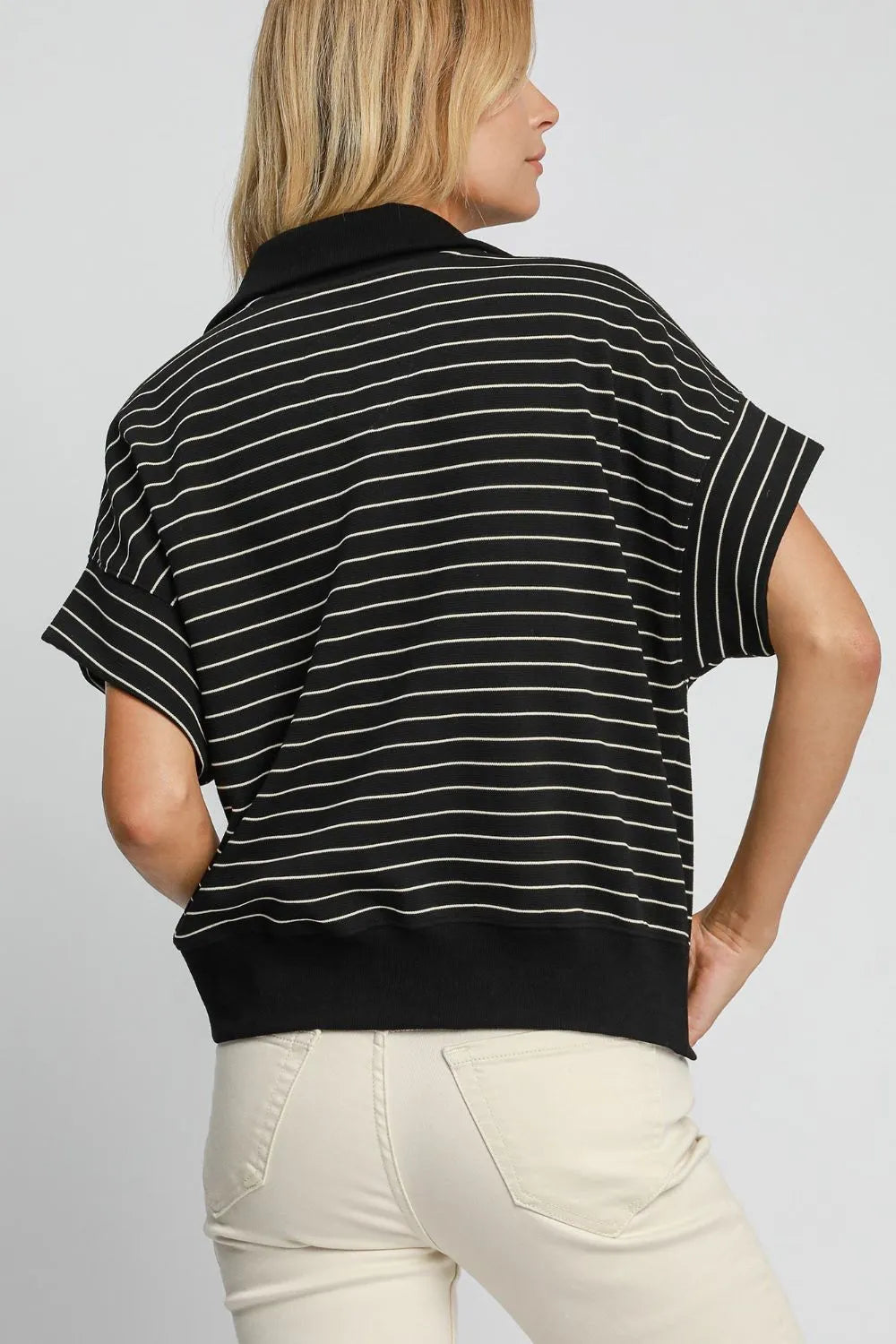 Umgee Striped Half Zip Short Sleeve Sweatshirt Sweatshirts
