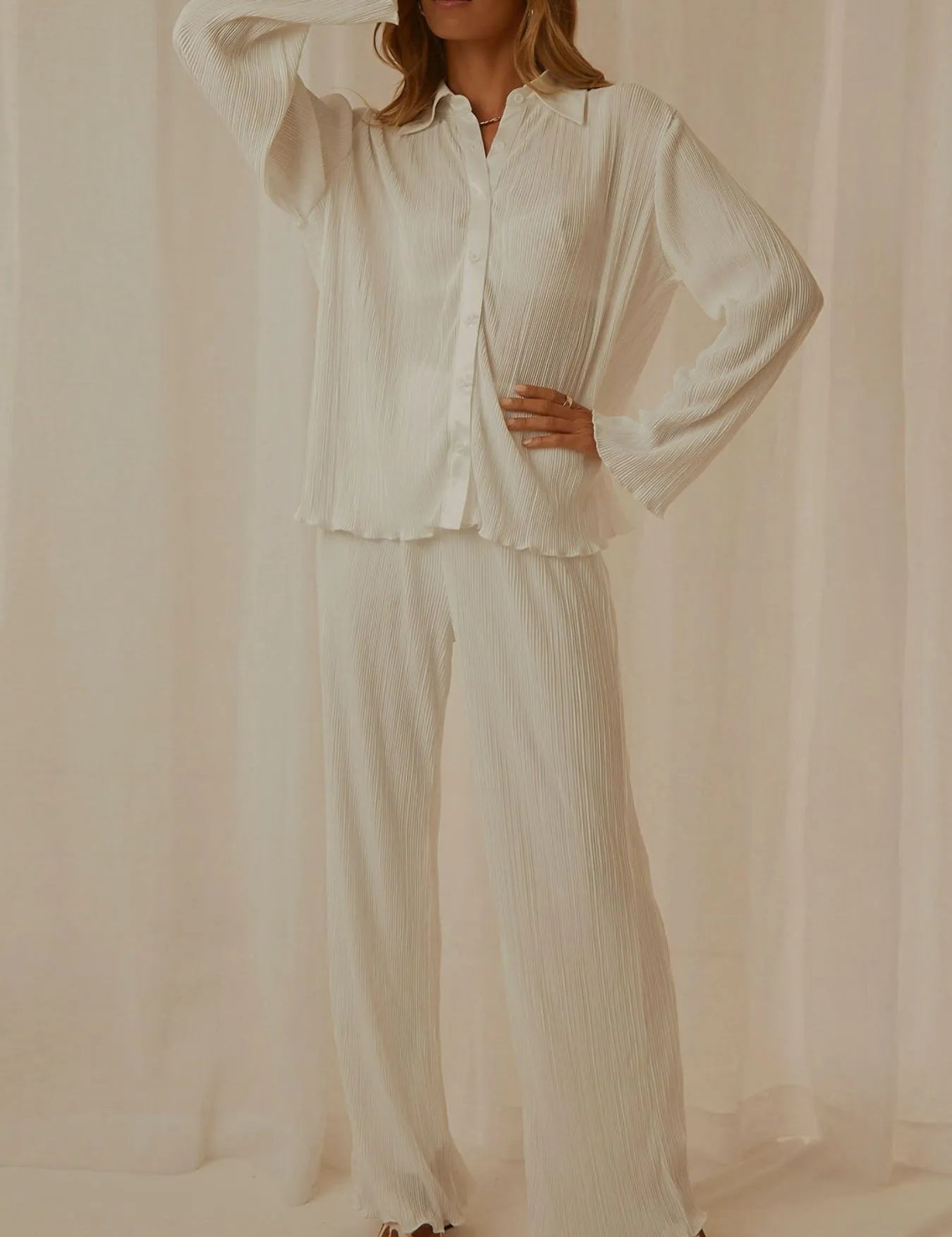 White Button Up Long Sleeve Top and Pants Set | Loungewear Sets Daverri Fashions