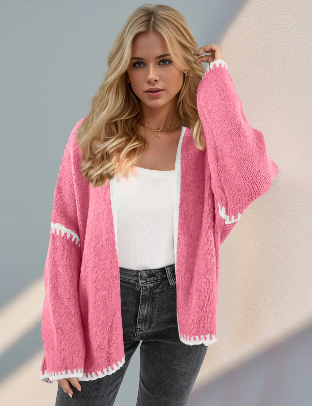 Double Take Contrast Open Front Dropped Shoulder Cardigan | Cardigans Daverri Fashions