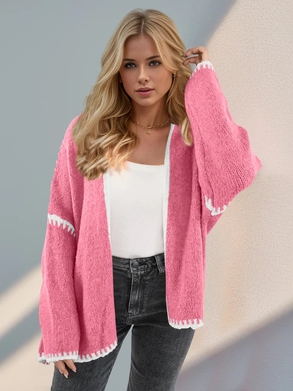 Double Take Contrast Open Front Dropped Shoulder Cardigan | Cardigans Daverri Fashions