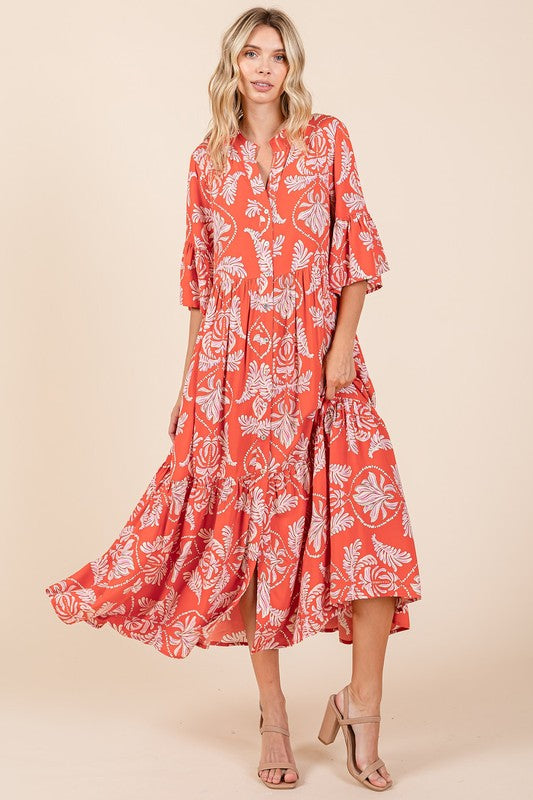 Mittoshop Abstract Leaf Print Tiered Ruffle Dress Orange-Red